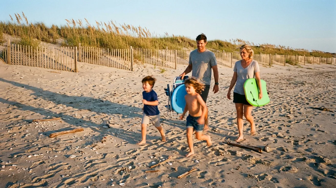 Family enjoying a sunny day on the wide, uncrowded beach in Avon NC on the Outer Banks with golden sand and turquoise waves