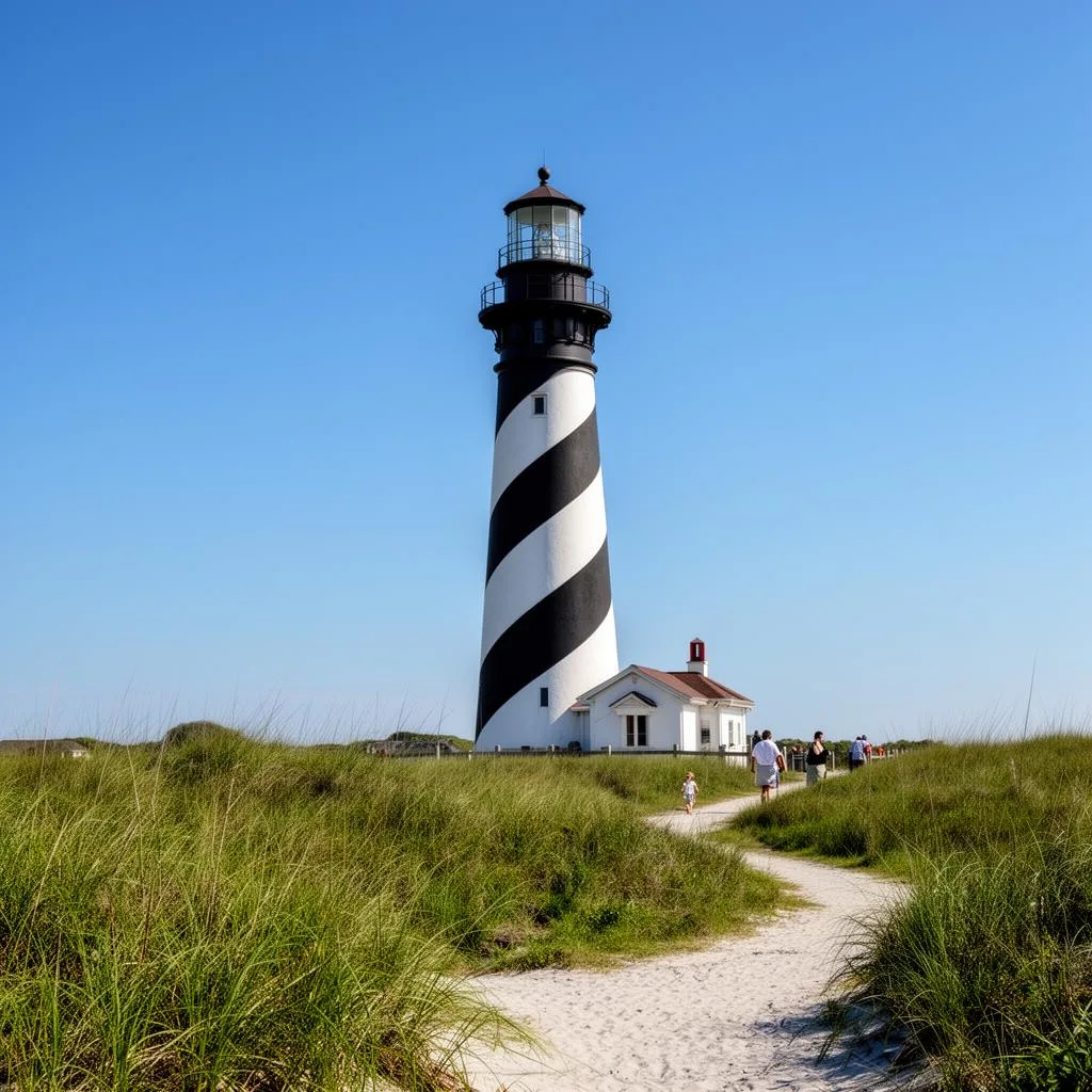 Black and white spiral-striped Cape Hatteras Lighthouse rising above coastal grasses on Hatteras Island, North Carolina