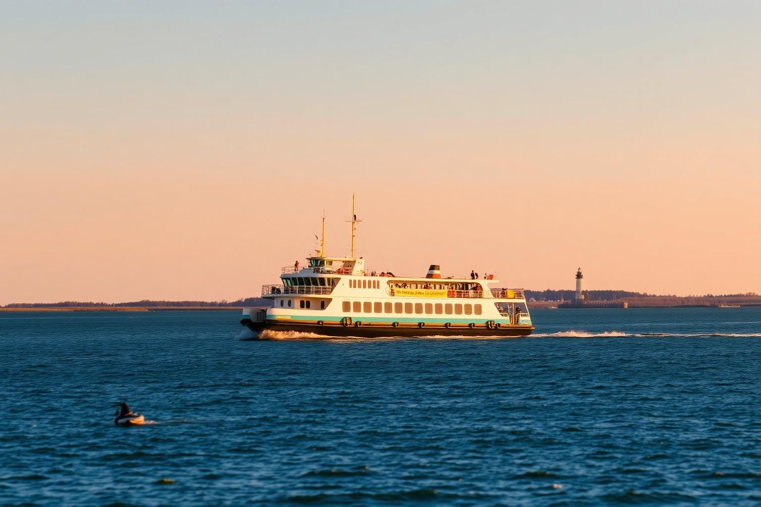 NCDOT ferry crossing Hatteras Inlet between Hatteras and Ocracoke islands at golden hour on the Outer Banks